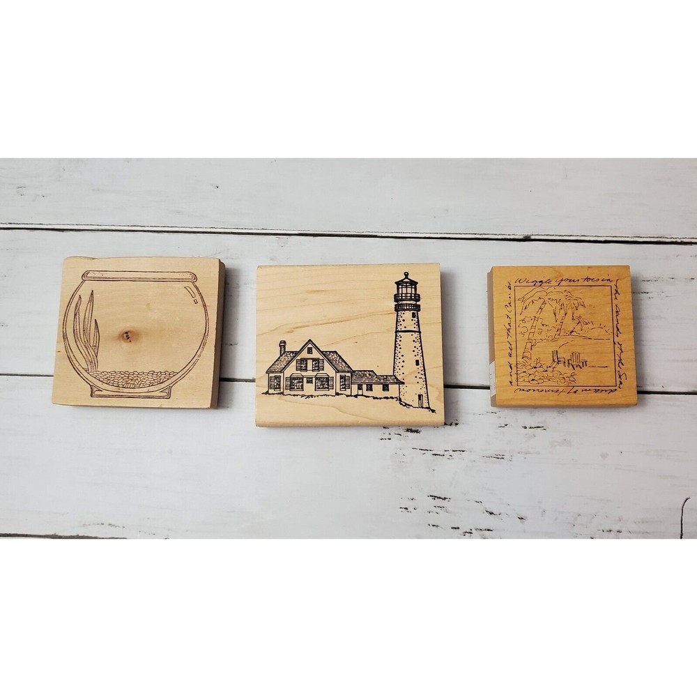 Lot of 3 Rubber Stamps Wood Mounted Lighthouse, Beach, Fish Bowl GUC